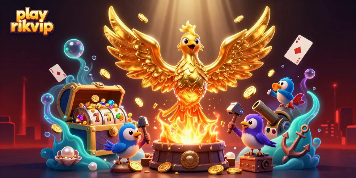 Experience the thrill of play rikvip as molten gold coins rain down from the golden phoenix in this vibrant casino scene.