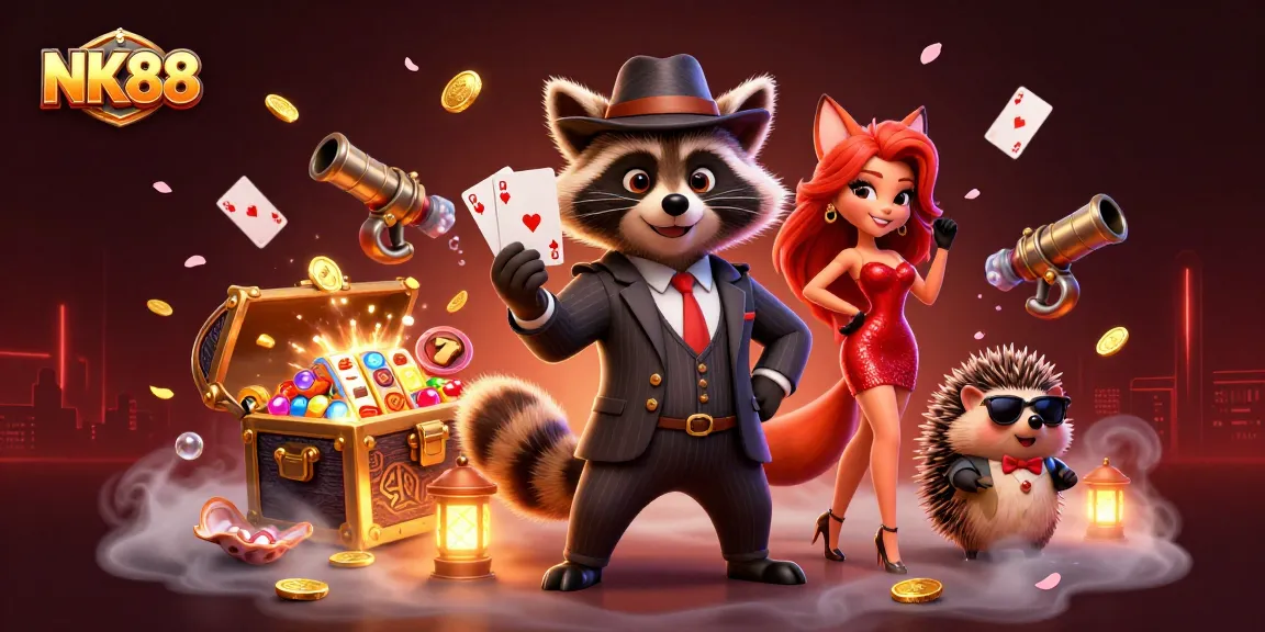 Navigating NK88 with a suave raccoon and a stylish lady in a vibrant casino scene.