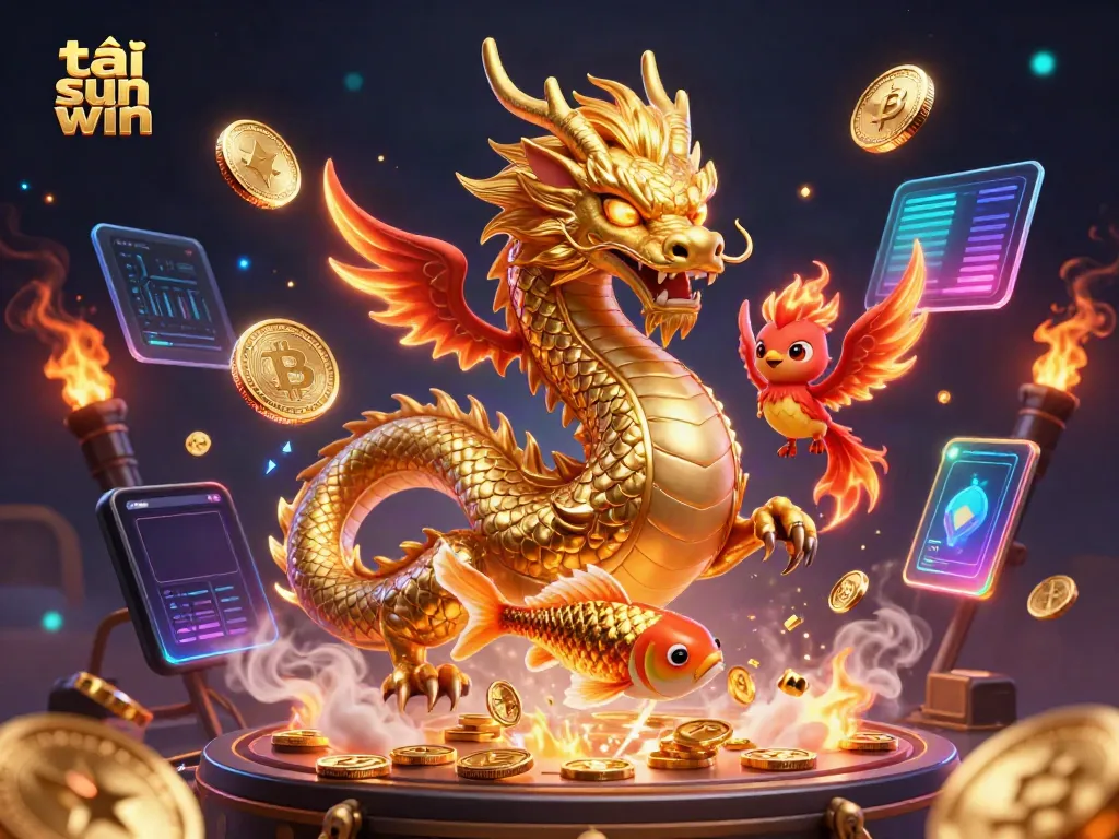 Experience the thrill as you tải sun win with golden koi and mythical creatures amidst a wealth of coins.