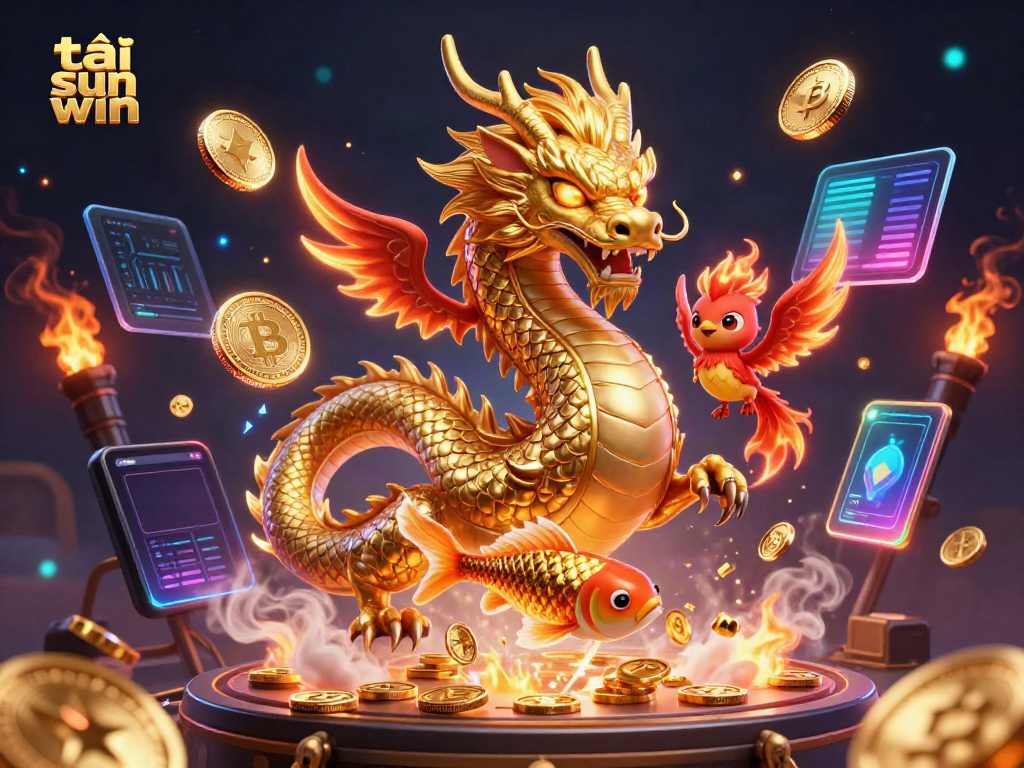 Experience the thrill as you tải sun win with golden koi and mythical creatures amidst a wealth of coins.