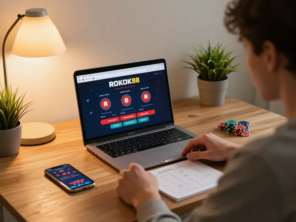 Pemain merencanakan strategi di rumah dengan antarmuka permainan poker online ROKOK88 terlihat di layar laptop.