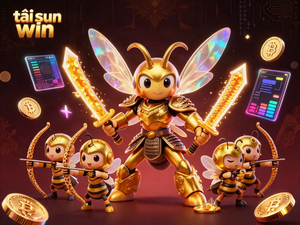 Engage with the dynamic world of tải sun win through this vibrant 3D illustration featuring a golden hornet samurai.