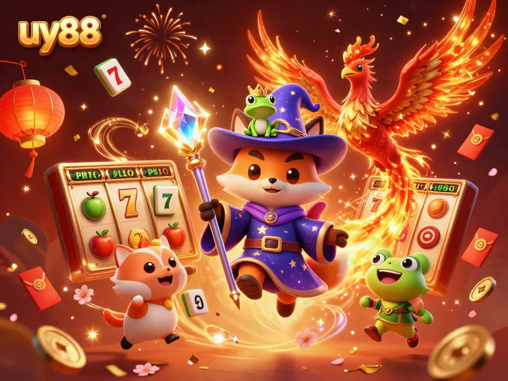 Play exciting casino games with uy88 featuring mystical characters in a vibrant, animated scene.