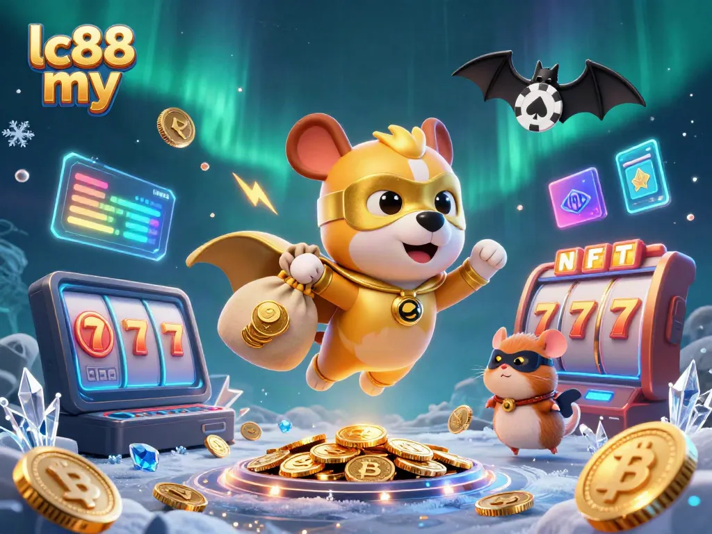 Experience the thrills of lc88 my with our superhero dog collecting jackpot prizes amidst a vibrant casino backdrop.