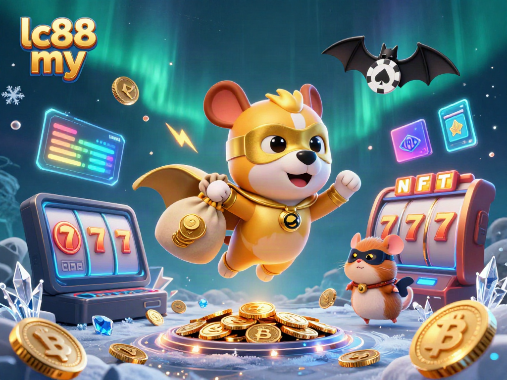 Experience the thrills of lc88 my with our superhero dog collecting jackpot prizes amidst a vibrant casino backdrop.