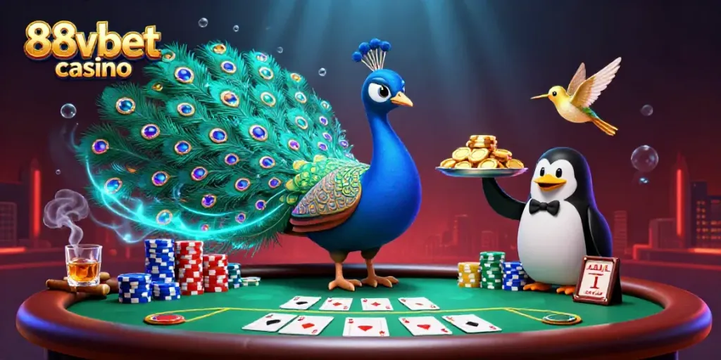 Experience the vibrant gaming atmosphere at 88vbet casino with a lively scene of gambling icons and characters.