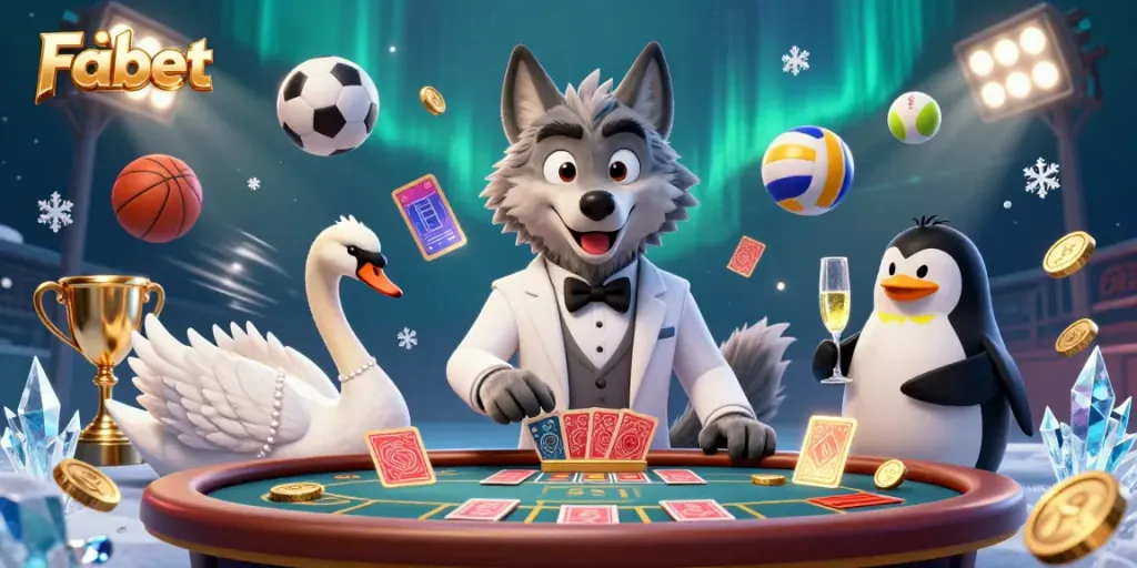 Experience thrilling gaming at Fabet with cartoon characters playing baccarat and presenting champagne.