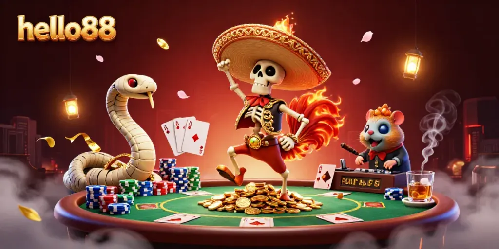 Experience exciting games at hello88 with a vibrant, festive casino scene showcasing a skeleton rooster celebrating on golden coins.