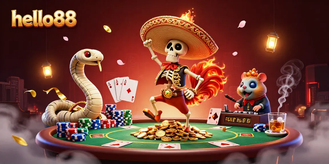 Experience exciting games at hello88 with a vibrant, festive casino scene showcasing a skeleton rooster celebrating on golden coins.