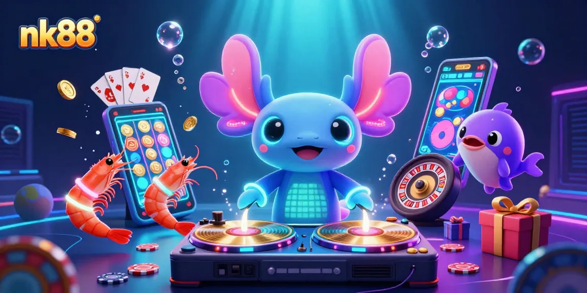 Discover exciting games at nk88 with a neon DJ and vibrant casino elements.
