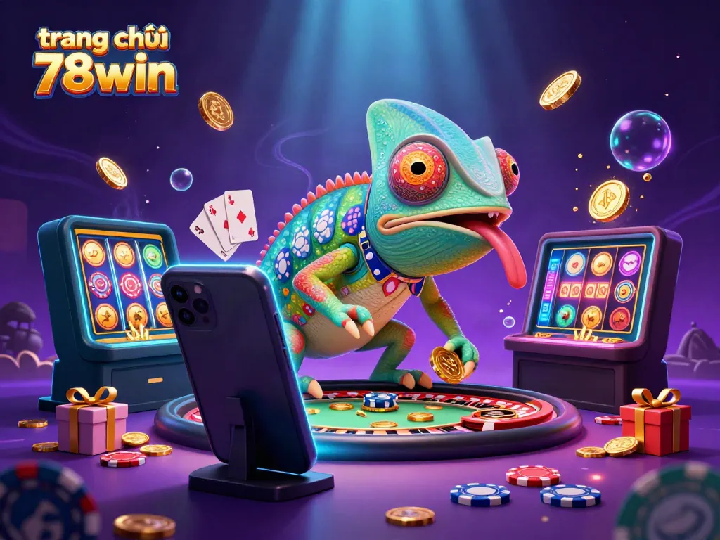 Engage in casino excitement at trang chủ 78win with vibrant chameleon, games, and golden coins.
