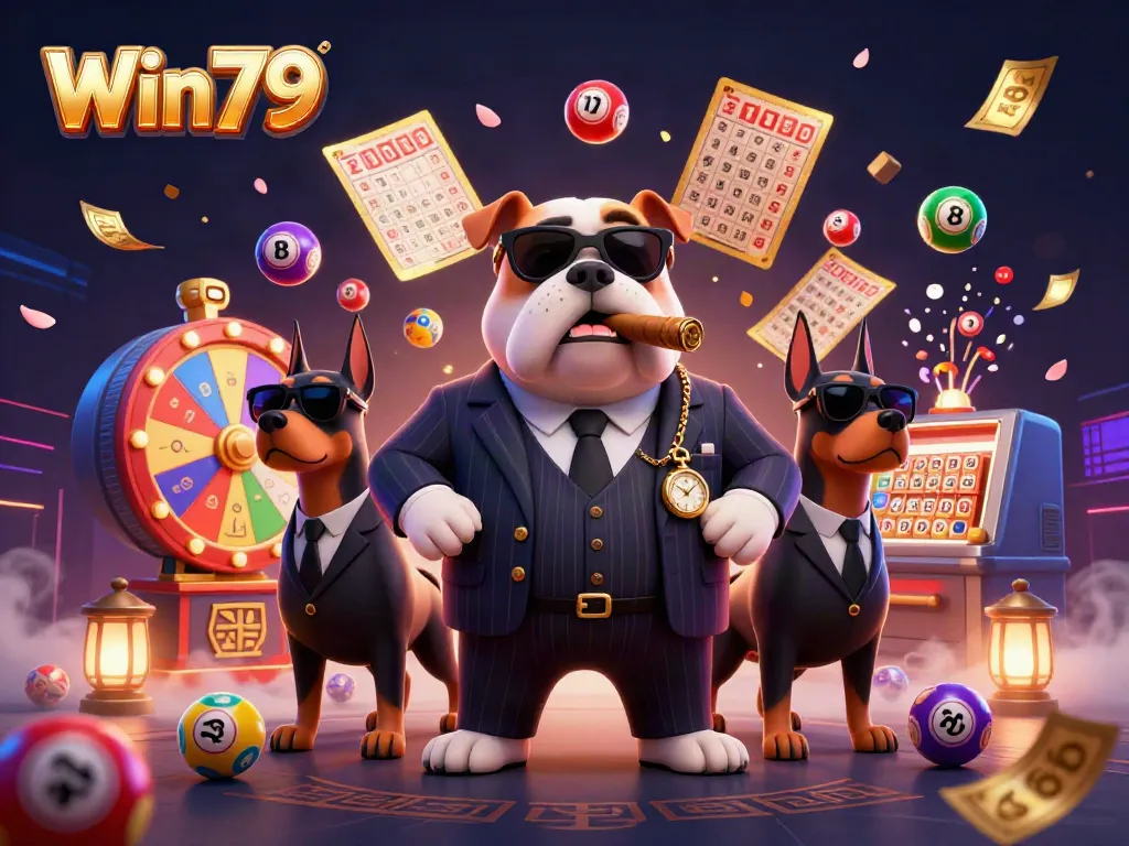 Win79 engaging scene with a mafia bulldog and Doberman bodyguards showcasing vibrant lottery elements.