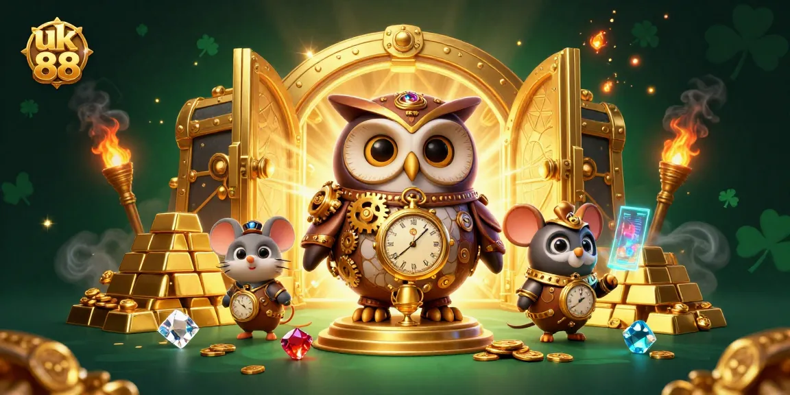 Win big with uk 88 as the steampunk owl and clockwork mouse explore a casino treasure vault.