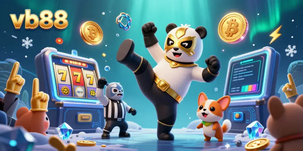 Engage in thrilling casino action with vb88, featuring a cartoon panda wrestler and vibrant gambling elements.