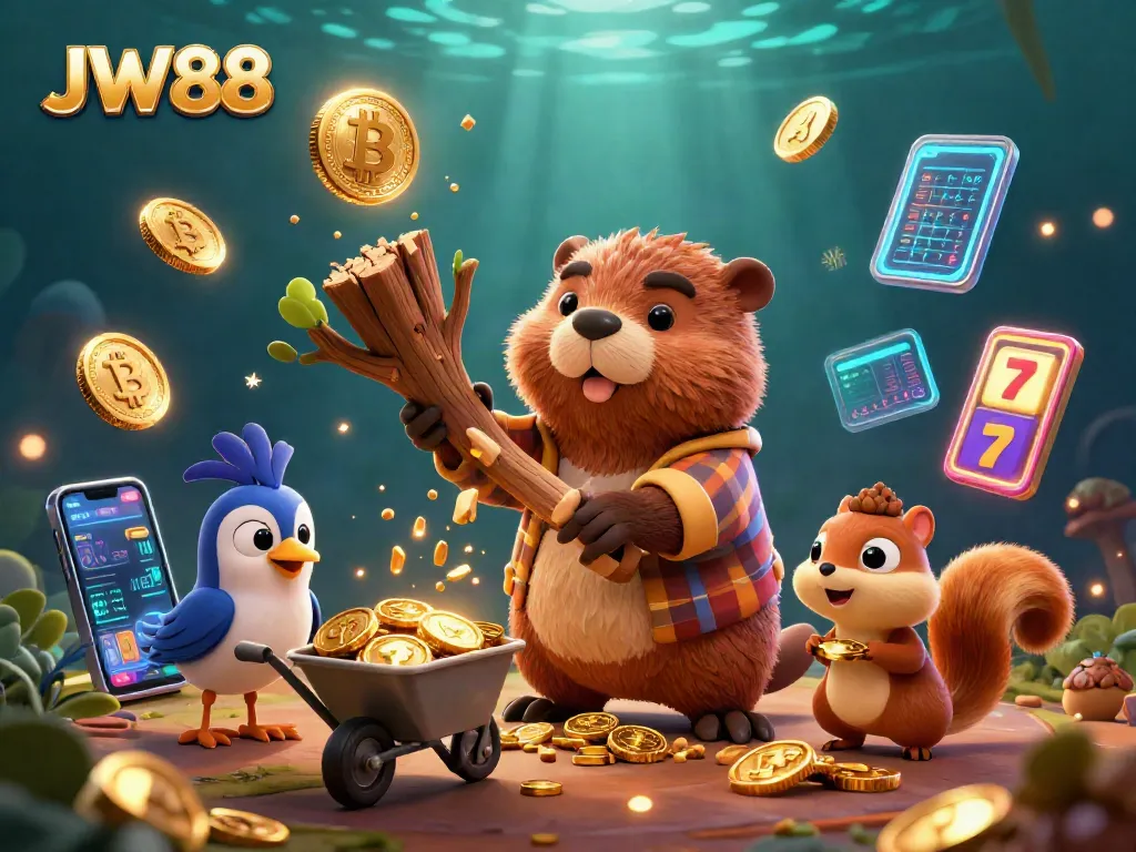 Join the excitement at JW88 with a lively casino scene, featuring animated characters celebrating with gold coins.