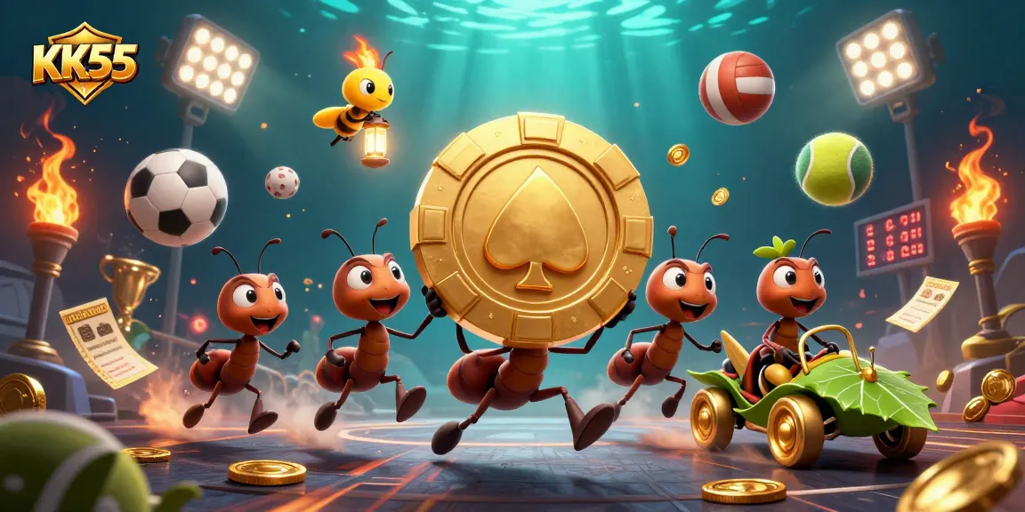 KK55 casino-themed illustration featuring ants carrying a giant poker chip amidst dynamic sports balls.