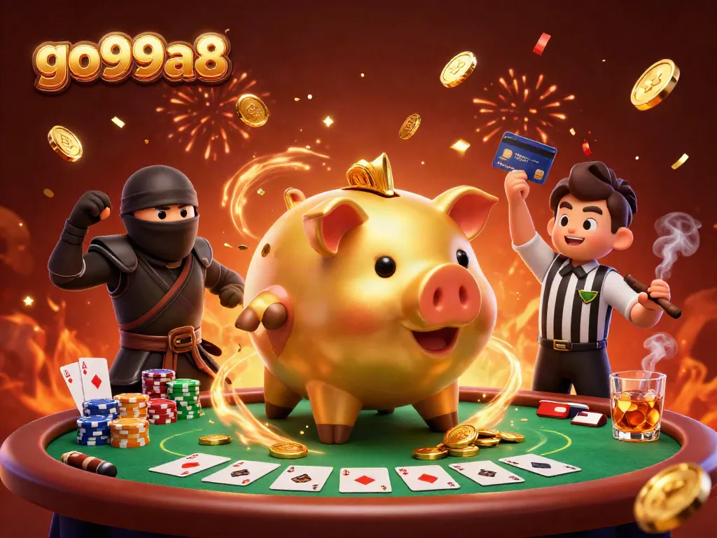 Engage in thrilling gameplay at go99a8 with a golden piggy bank sumo wrestler and dynamic poker action.