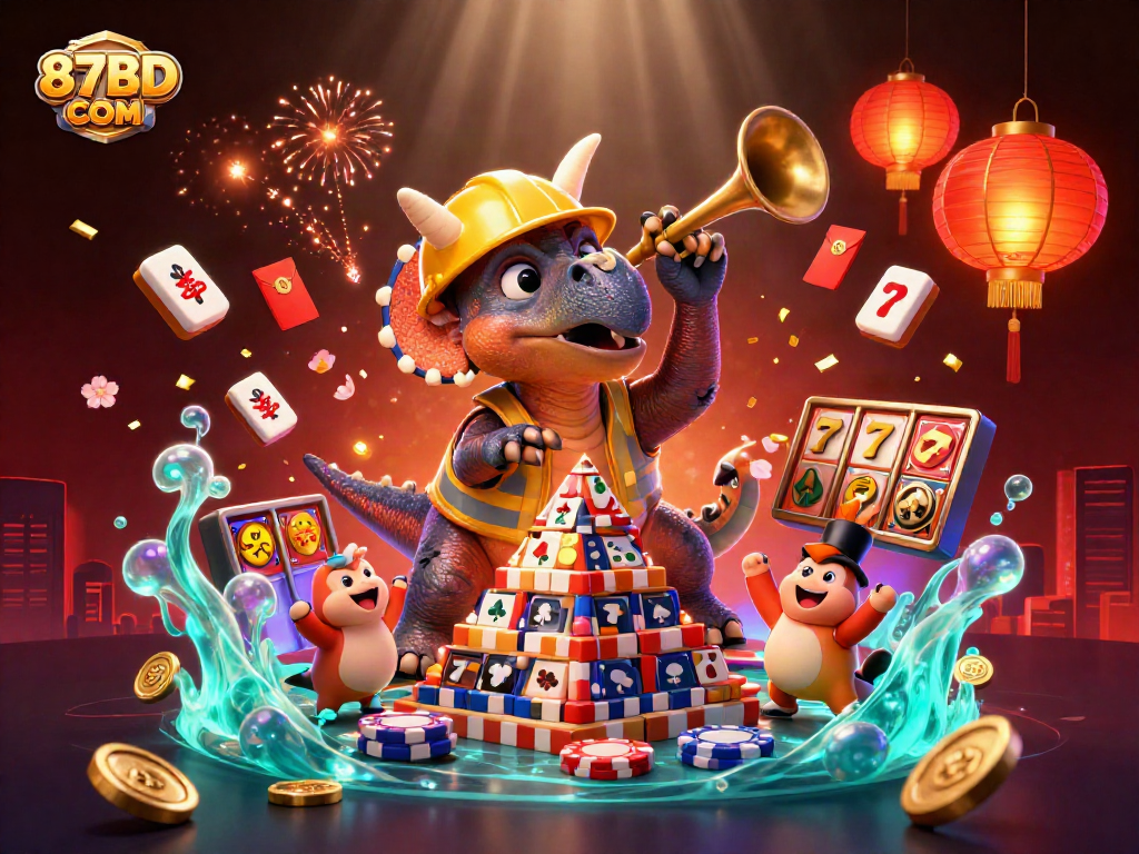Join the excitement at 87BD COM with a vibrant casino celebration showcasing animated characters and gaming elements.