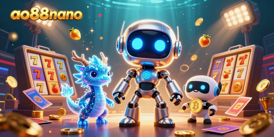A dynamic scene showcasing ao88nano with a cyberpunk robot and a bitcoin drone amidst colorful slot elements.