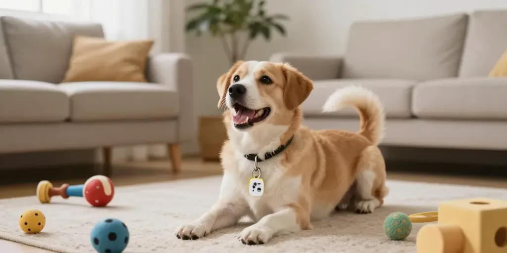 Hondenpenningen op maat bij een blije hond in een gezellige woonkamer