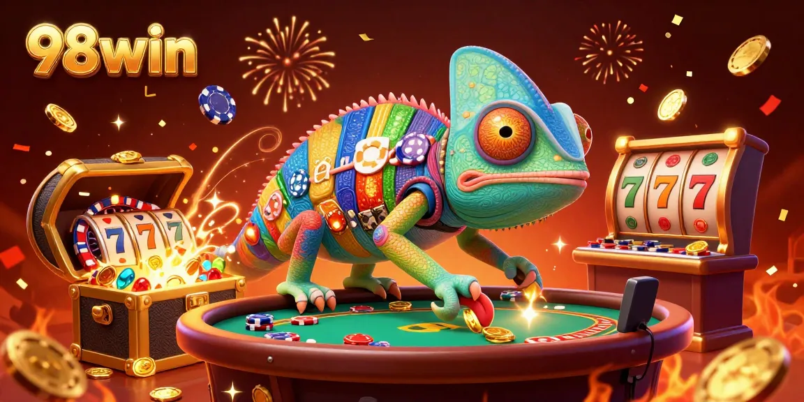 Experience thrilling slots action in 98win's vibrant casino world, featuring colorful chameleon and festive elements.
