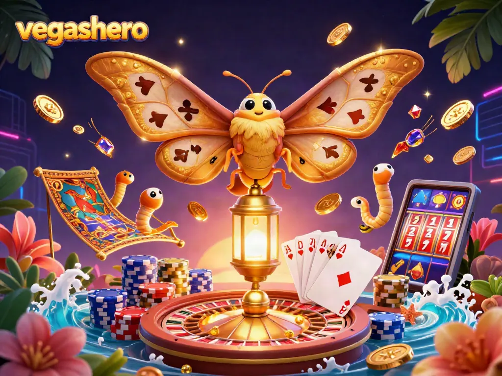 Experience the thrill at VegasHero with enchanting 3D casino elements and gold accents.