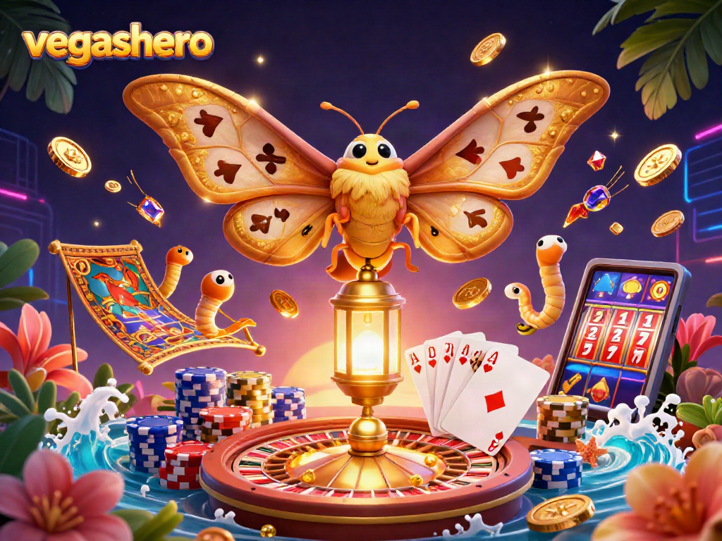 Experience the thrill at VegasHero with enchanting 3D casino elements and gold accents.