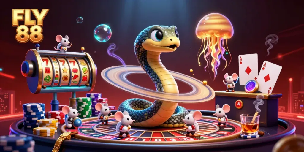 Engaging FLY 88 casino scene with a Saturn ring snake, astronaut mice betting, and colorful slot elements
