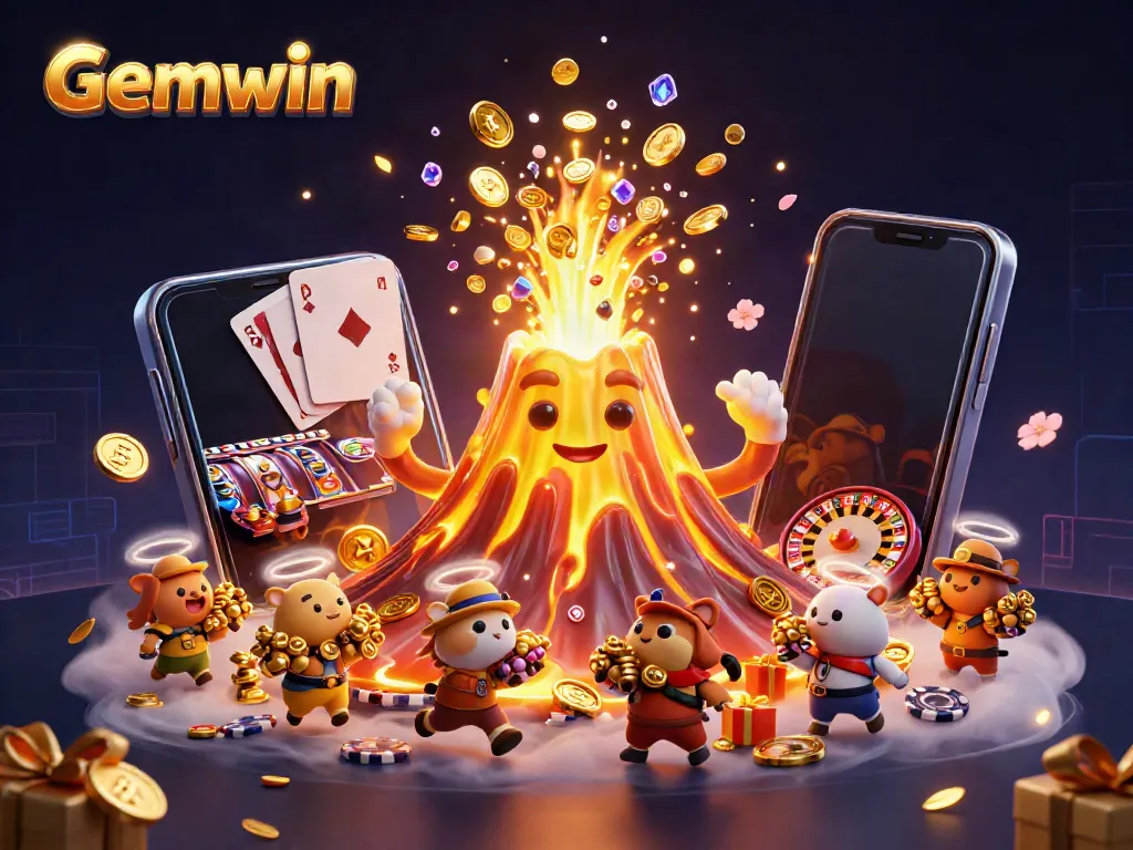 Experience thrilling wins with Gemwin as a golden volcano erupts treasure over dynamic casino games.