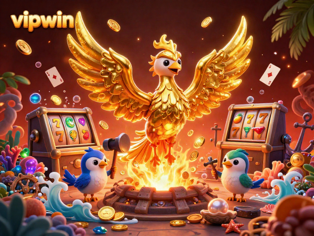 Experience rich casino excitement with vibrant vipwin elements and a golden phoenix in action.