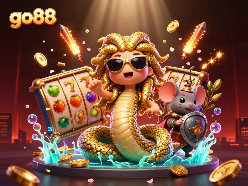 Play exciting slots and jackpot games at go88 featuring Medusa and warrior mouse in a vibrant casino scene.