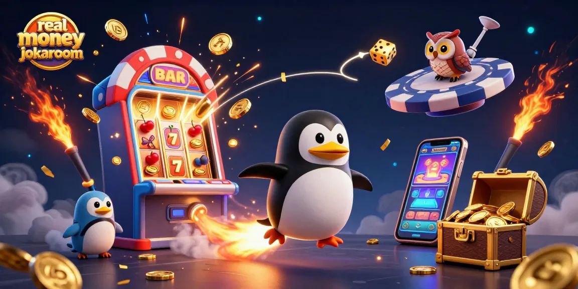 Experience exciting real money pokies jokaroom with a dynamic 3D casino adventure featuring golden penguins and slot machines.