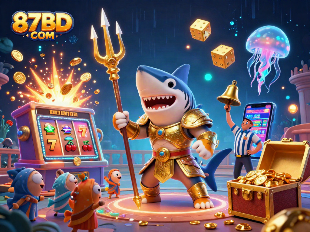 Experience the excitement of 87BD COM with a thrilling underwater casino scene, featuring a golden gladiator shark and jackpot elements.