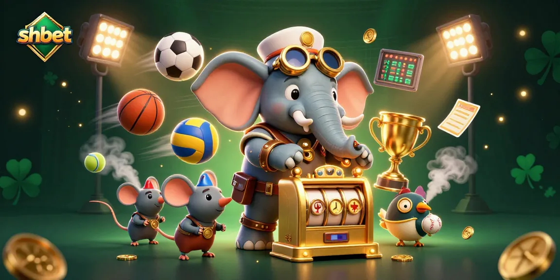 Engage in shbet's thrilling experience with a dynamic 3D steampunk scene featuring an elephant engineer and slot machines.
