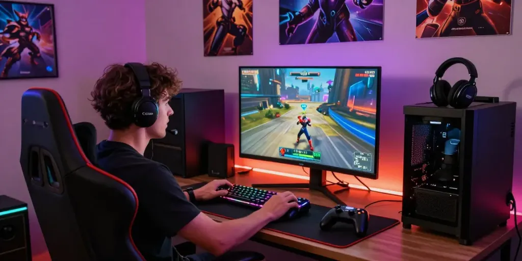Exciting gaming setup with rokok88 branding, highlighting vibrant LED lights and advanced gaming gear for immersive experiences.