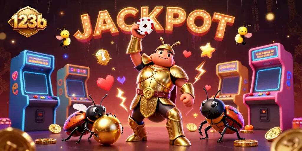 Celebrate wins with the 123b themed art showcasing the hercules beetle victor and vibrant casino elements.