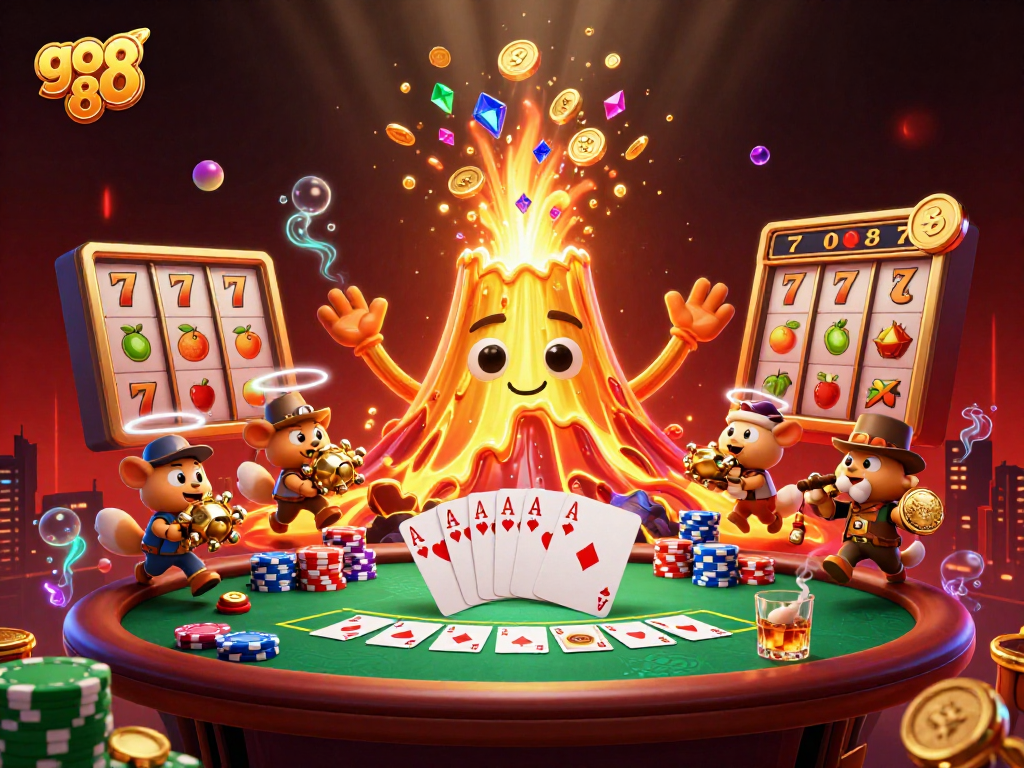 Win big with go 88 in this vibrant casino scene featuring a golden volcano and treasure.