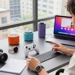 Exploring cool tech gadgets under $120 with a vibrant workspace, innovative tools, and a tech-savvy atmosphere.