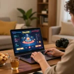 Engaged user playing poker at home with Say88 online casino interface on laptop