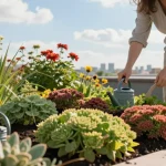 Levendige sedumdak installatie met bloeiende planten die worden verzorgd door een tuinier.