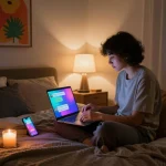 Engaging in 18+ ai chat in a cozy bedroom environment, showcasing intimate digital interaction.