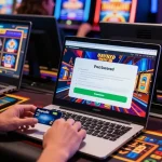 Spieler nutzt Paysafe-Kartencasino für eine sichere, anonyme Einzahlung an einem Online-Gaming-Tisch, lebhafte Atmosphäre mit bunten Spielautomaten.