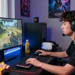 Engaging online gaming environment with Rr8i interface, gamer focused on screen