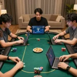 Engaged players strategizing in a lu88 online poker session, showcasing intense gameplay in a cozy home setting.