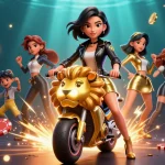 Erleben Sie das Gameplay in einem Paysafe-Karten-Casino mit einer asiatischen Frau, die auf einem goldenen Löwen reitet und fliegende Pokerchips hat.
