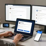 Engaged professional downloading the 快连 app on a laptop in a stylish home office.