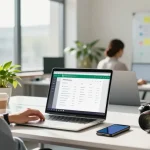 Young professional using WhatsApp網頁版 on laptop in a bright office.