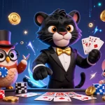 Join the excitement at 888new1 with a stylish panther, owl, and mouse in a vibrant casino scene filled with games.