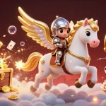 uu88 offers an exciting casino experience with a celestial horse and knight amidst treasures and gaming elements.
