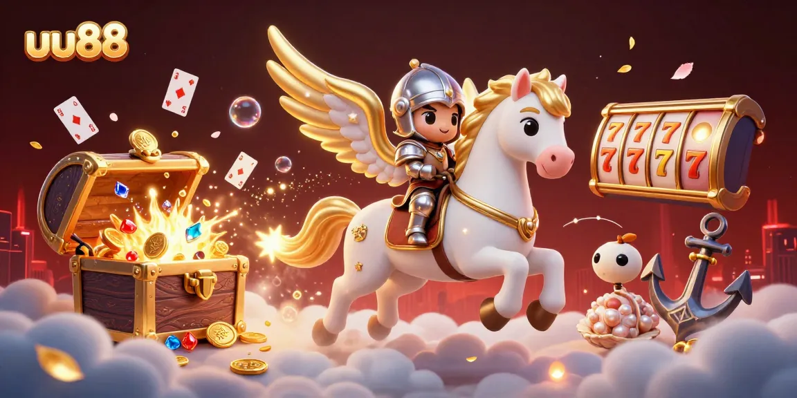 uu88 offers an exciting casino experience with a celestial horse and knight amidst treasures and gaming elements.